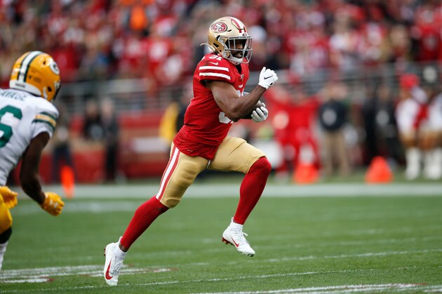 SANTA CLARA, CA - JANUARY 19: Raheem Mostert #31 of the San Francisco 49ers rushes for a 36-yard touchdown during the game against the Green Bay Packers at Levi's Stadium on January 19, 2020 in Santa Clara, California. The 49ers defeated the Packers 37-20. (Photo by Michael Zagaris/San Francisco 49ers/Getty Images)