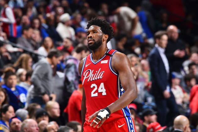 PHILADELPHIA, PA - JANUARY 28: Joel Embiid #21 of the Philadelphia 76ers, wearing #24 to honor Kobe Bryant, looks on during a game against the Golden State Warriors on January 28, 2020 at the Wells Fargo Center in Philadelphia, Pennsylvania NOTE TO USER: User expressly acknowledges and agrees that, by downloading and/or using this Photograph, user is consenting to the terms and conditions of the Getty Images License Agreement. Mandatory Copyright Notice: Copyright 2020 NBAE (Photo by Jesse D. Garrabrant/NBAE via Getty Images)