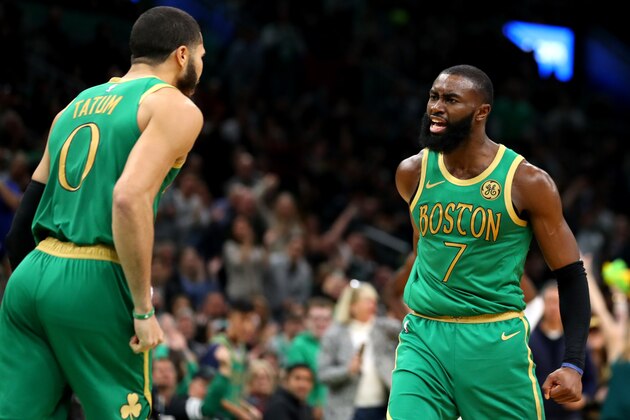 BOSTON, MASSACHUSETTS - DECEMBER 06: Jaylen Brown #7 of the Boston Celtics celebrates with Jayson Tatum #0 after scoring against the Denver Nuggets during the second half at TD Garden on December 06, 2019 in Boston, Massachusetts. The Celtics defeat the Nuggets 108-95. (Photo by Maddie Meyer/Getty Images)