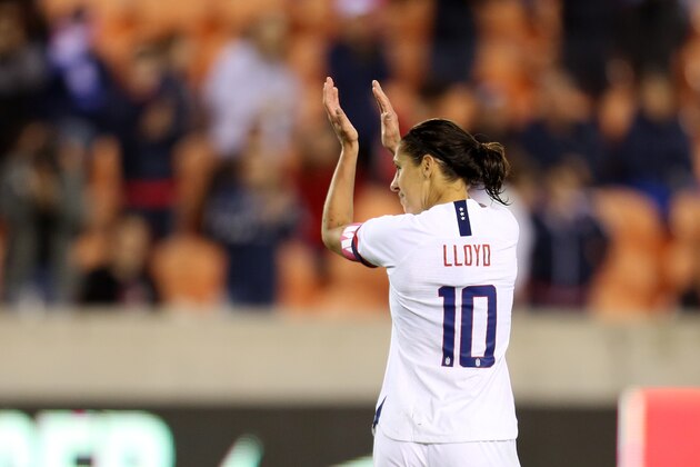 HOUSTON, TX - JANUARY 28: Captain Carli Lloyd #10 of USA celebrates after scoring the 4th goal of her team during the group A game between United States and Haiti as part of the CONCACAF Women's Olympic Qualifying at BBVA Compass Stadium on January 28, 2020 in Houston, Texas.  (Photo by Omar Vega/Getty Images)