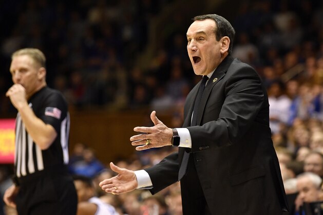 DURHAM, NORTH CAROLINA - JANUARY 28: Head coach Mike Krzyzewski of the Duke Blue Devils reacts during the first half of their game against the Pittsburgh Panthers at Cameron Indoor Stadium on January 28, 2020 in Durham, North Carolina. (Photo by Grant Halverson/Getty Images)