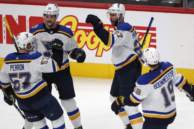 St. Louis Blues defenseman Alex Pietrangelo, third from left, celebrates scoring a goal with, from left, left wing David Perron, left wing Zach Sanford and defenseman Jay Bouwmeester in the third period of an NHL hockey game against the Colorado Avalanche Saturday, Jan. 18, 2020, in Denver. Colorado won 5-3. (AP Photo/David Zalubowski)
