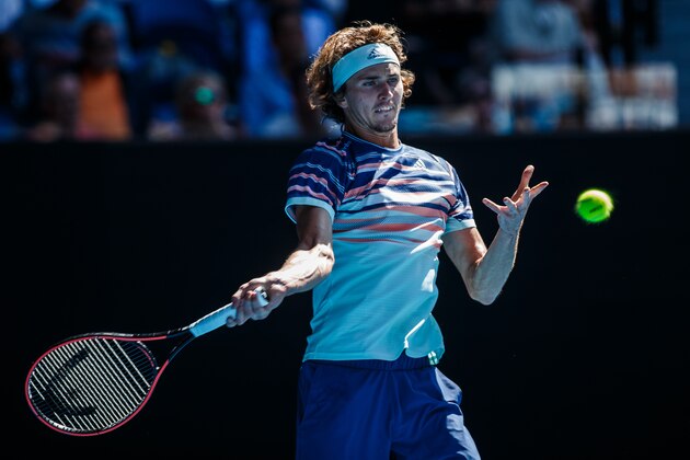 MELBOURNE, AUSTRALIA - JANUARY 29: Alexander Zverev of Germany plays a backhand in his quarter final match against Stan Wawrinka of Switzerland on day ten of the 2020 Australian Open at Melbourne Park on January 29, 2020 in Melbourne, Australia. (Photo by Chaz Niell/Getty Images)