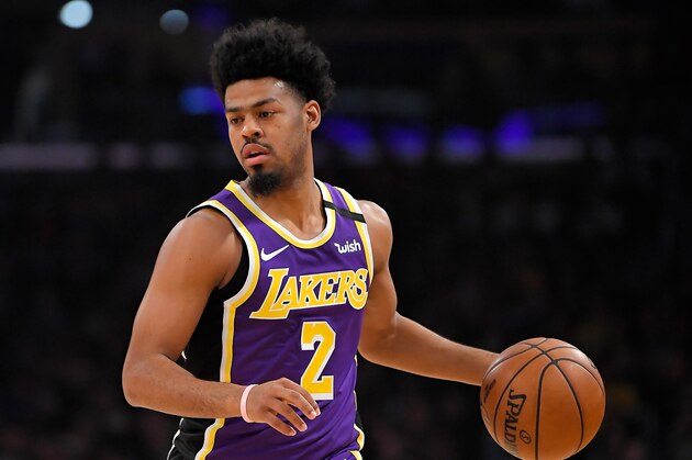 Los Angeles Lakers guard Quinn Cook dribbles during the first half of an NBA basketball game against the Orlando Magic Wednesday, Jan. 15, 2020, in Los Angeles. (AP Photo/Mark J. Terrill)