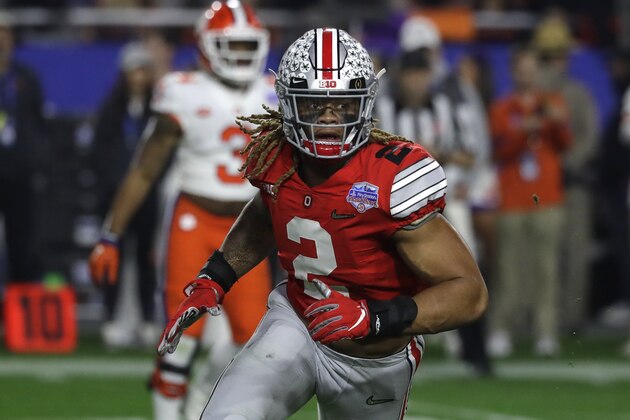 Ohio State defensive end Chase Young (2) during the first half of the Fiesta Bowl NCAA college football game against Clemson, Saturday, Dec. 28, 2019, in Glendale, Ariz. (AP Photo/Rick Scuteri).