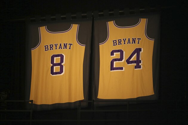 Los Angeles Lakers jersey numbers belonging to retired NBA player Kobe Bryant hang inside Staples Center prior to the start of the 62nd annual Grammy Awards on Sunday, Jan. 26, 2020, in Los Angeles. Bryant, the 18-time NBA All-Star who won five championships during a 20-year career with the Los Angeles Lakers, died in a helicopter crash Sunday. He was 41. (Photo by Matt Sayles/Invision/AP) Los Angeles Lakers jersey numbers belonging to retired NBA player Kobe Bryant hang inside Staples Center prior to the start of the 62nd annual Grammy Awards on Sunday, Jan. 26, 2020, in Los Angeles. Bryant, the 18-time NBA All-Star who won five championships during a 20-year career with the Los Angeles Lakers, died in a helicopter crash Sunday. He was 41. (Photo by Matt Sayles/Invision/AP)