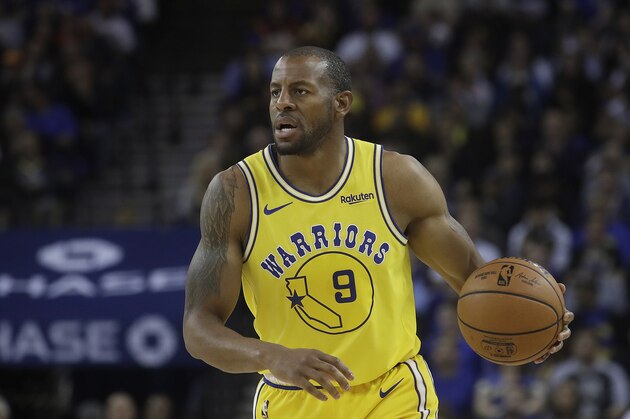 Golden State Warriors guard Andre Iguodala (9) against the Denver Nuggets during an NBA basketball game in Oakland, Calif., Tuesday, April 2, 2019. (AP Photo/Jeff Chiu)