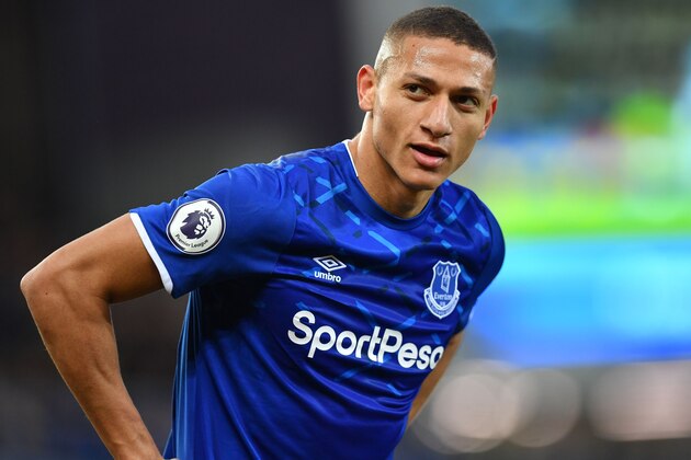 Everton's Brazilian striker Richarlison looks on during the English Premier League football match between Everton and Brighton Hove and Albion at Goodison Park in Liverpool, north west England on January 11, 2020. (Photo by Paul ELLIS / AFP) / RESTRICTED TO EDITORIAL USE. No use with unauthorized audio, video, data, fixture lists, club/league logos or 'live' services. Online in-match use limited to 120 images. An additional 40 images may be used in extra time. No video emulation. Social media in-match use limited to 120 images. An additional 40 images may be used in extra time. No use in betting publications, games or single club/league/player publications. /  (Photo by PAUL ELLIS/AFP via Getty Images)
