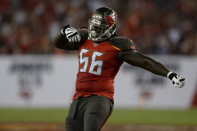 Tampa Bay Buccaneers defensive tackle Rakeem Nunez-Roches (56) reacts against the Cleveland Browns during the first half of an NFL preseason football game Friday, Aug. 23, 2019, in Tampa, Fla. (AP Photo/Jason Behnken)