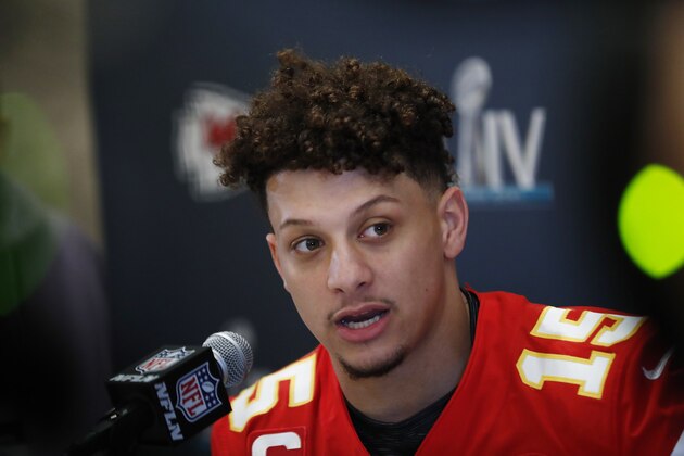 Kansas City Chiefs quarterback Patrick Mahomes (15) speaks during a news conference on Tuesday, Jan. 28, 2020, in Aventura, Fla., for NFL Super Bowl 54 football game. (AP Photo/Brynn Anderson)