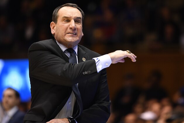DURHAM, NORTH CAROLINA - JANUARY 28: Head coach Mike Krzyzewski of the Duke Blue Devils  reacts during the second half against the Pittsburgh Panthers at Cameron Indoor Stadium on January 28, 2020 in Durham, North Carolina. Duke won 79-67. (Photo by Grant Halverson/Getty Images)