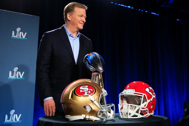 MIAMI, FLORIDA - JANUARY 29: NFL Commissioner Roger Goodell speaks to the media during a press conference prior to Super Bowl LIV at the Hilton Miami Downtown on January 29, 2020 in Miami, Florida. The San Francisco 49ers will face the Kansas City Chiefs in the 54th playing of the Super Bowl, Sunday February 2nd. (Photo by Cliff Hawkins/Getty Images)
