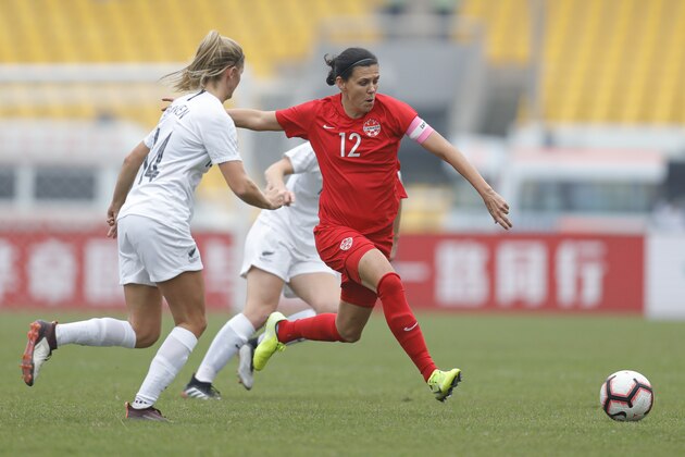 CHONGQING, CHINA - NOVEMBER 10: Christine Sinclair #12 of Canada Women in action during the Women's International  match between Canada and New Zealand atChongqing Yongchuan Sports Center Stadium on November 10, 2019 in Chongqing, China. (Photo by Fred Lee/Getty Images)