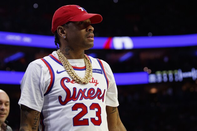 Former 76ers Allen Iverson looks on during the first half of an NBA basketball game against the Boston Celtics, Wednesday, Oct. 23, 2019, in Philadelphia. The 76ers won 107-93. (AP Photo/Chris Szagola) Former 76ers Allen Iverson looks on during the first half of an NBA basketball game against the Boston Celtics, Wednesday, Oct. 23, 2019, in Philadelphia. The 76ers won 107-93. (AP Photo/Chris Szagola)