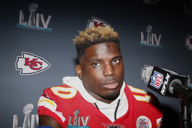 Kansas City Chiefs wide receiver Tyreek Hill (10) speaks during a news conference on Wednesday, Jan. 29, 2020, in Aventura, Fla., for the NFL Super Bowl 54 football game. (AP Photo/Brynn Anderson)