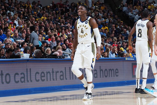 INDIANAPOLIS, IN - JANUARY 29: Victor Oladipo #4 of the Indiana Pacers smiles during the game against the Chicago Bulls on January 29, 2020 at Bankers Life Fieldhouse in Indianapolis, Indiana. NOTE TO USER: User expressly acknowledges and agrees that, by downloading and or using this Photograph, user is consenting to the terms and conditions of the Getty Images License Agreement. Mandatory Copyright Notice: Copyright 2020 NBAE (Photo by Ron Hoskins/NBAE via Getty Images)