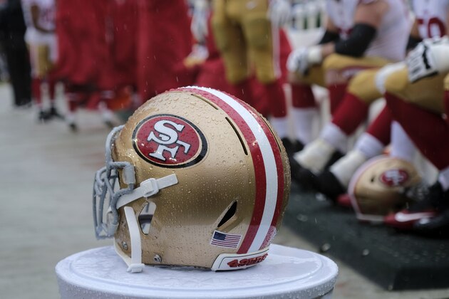 A San Francisco 49ers helmet sits on the 49ers sideline in the first half of an NFL football game between the 49ers and the Washington Redskins, Sunday, Oct. 20, 2019, in Landover, Md. (AP Photo/Mark Tenally)