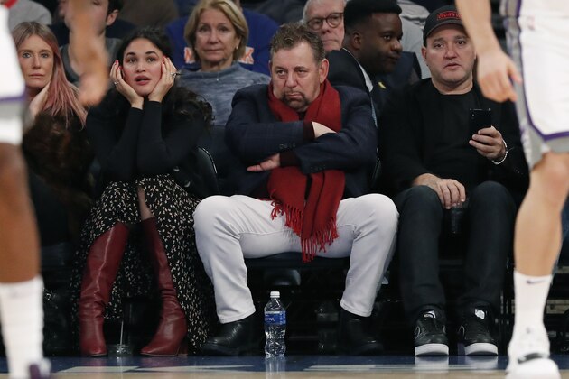 Executive chairman and Madison Square Garden CEO James Dolan watches during the first half of an NBA basketball game between the New York Knicks and the Sacramento Kings in New York, Sunday, Nov. 3, 2019. (AP Photo/Kathy Willens)