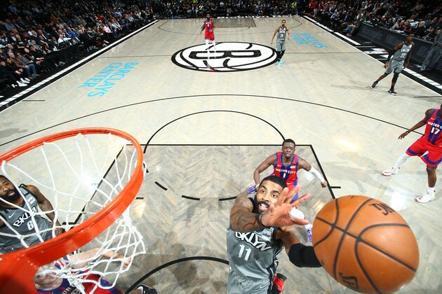 BROOKLYN, NY - JANUARY 29: Kyrie Irving #11 of the Brooklyn Nets shoots the ball against the Detroit Pistons on January 29, 2020 at Barclays Center in Brooklyn, New York. NOTE TO USER: User expressly acknowledges and agrees that, by downloading and or using this Photograph, user is consenting to the terms and conditions of the Getty Images License Agreement. Mandatory Copyright Notice: Copyright 2020 NBAE (Photo by Nathaniel S. Butler/NBAE via Getty Images) BROOKLYN, NY - JANUARY 29: Kyrie Irving #11 of the Brooklyn Nets shoots the ball against the Detroit Pistons on January 29, 2020 at Barclays Center in Brooklyn, New York. NOTE TO USER: User expressly acknowledges and agrees that, by downloading and or using this Photograph, user is consenting to the terms and conditions of the Getty Images License Agreement. Mandatory Copyright Notice: Copyright 2020 NBAE (Photo by Nathaniel S. Butler/NBAE via Getty Images)