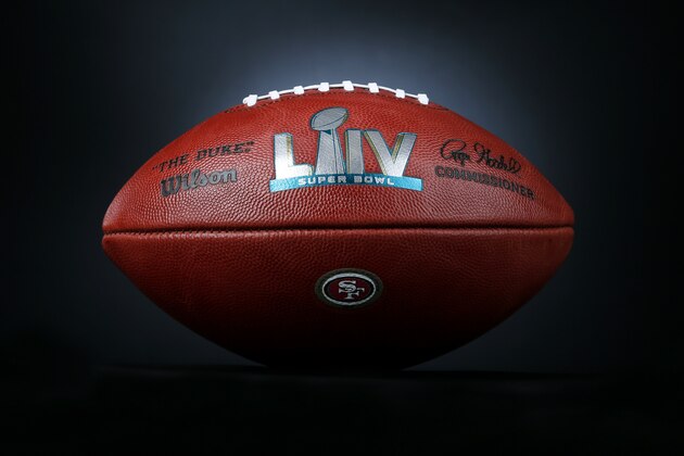An official ball for the NFL Super Bowl LIV football game with the San Francisco 49ers logo that was made at the Wilson Sporting Goods Co. in Ada, Ohio, Monday, Jan. 20, 2020. The Kansas City Chiefs will play the San Francisco 49ers in the Super Bowl LIV on Feb. 2, in Miami. (AP Photo/Ron Schwane)
