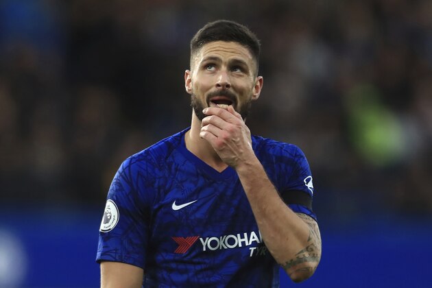 Chelsea's Olivier Giroud during the English Premier League soccer match between Chelsea and West Ham at Stamford Bridge Stadium in London, England, in London, England, Saturday, Nov. 30, 2019. (AP Photo/Leila Coker)