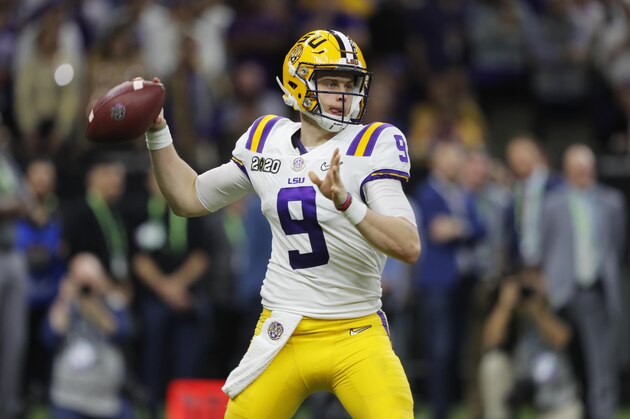 LSU quarterback Joe Burrow passes against Clemson during the second half of a NCAA College Football Playoff national championship game Monday, Jan. 13, 2020, in New Orleans. (AP Photo/Gerald Herbert)