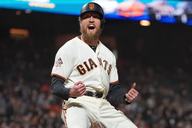 SAN FRANCISCO, CA - SEPTEMBER 25:  Hunter Pence #8 of the San Francisco Giants reacts after he scored against the San Diego Padres in the bottom of the seventh inning at AT&T Park on September 25, 2018 in San Francisco, California.  (Photo by Thearon W. Henderson/Getty Images)