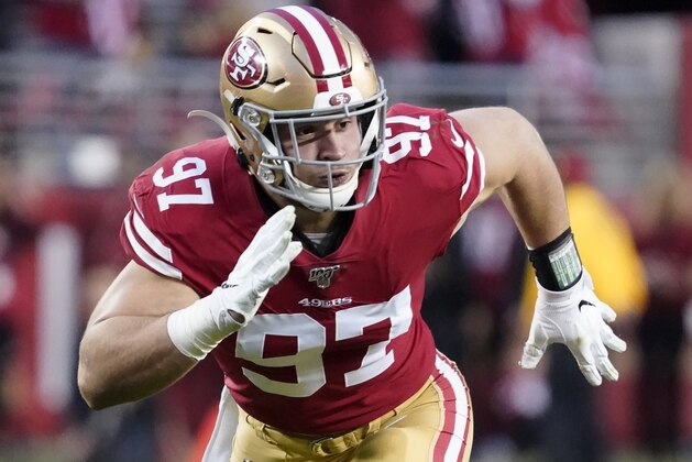 San Francisco 49ers defensive end Nick Bosa (97) in action against the Green Bay Packers during the first half of the NFL NFC Championship football game Sunday, Jan. 19, 2020, in Santa Clara, Calif. (AP Photo/Tony Avelar)
