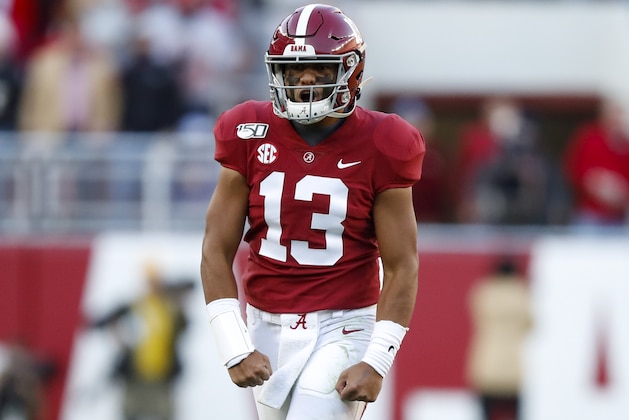 TUSCALOOSA, AL - NOVEMBER 09: Tua Tagovailoa #13 of the Alabama Crimson Tide reacts after a touchdown is scored during the first half against the LSU Tigers at Bryant-Denny Stadium on November 9, 2019 in Tuscaloosa, Alabama. (Photo by Todd Kirkland/Getty Images)
