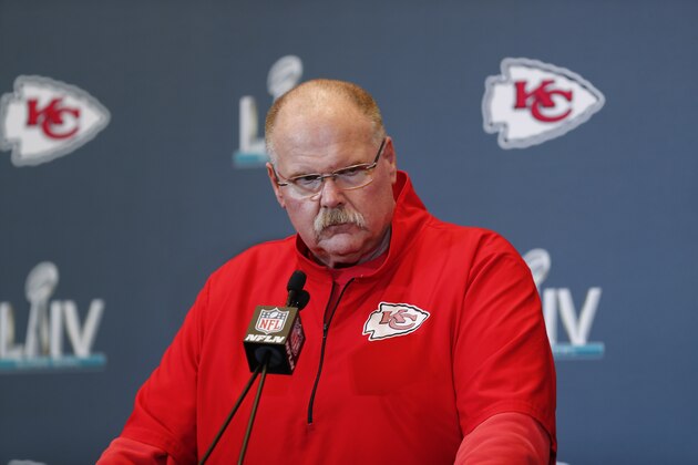 Kansas City Chiefs head coach Andy Reid speaks during a news conference on Thursday, Jan. 30, 2020, in Aventura, Fla., for the NFL Super Bowl 54 football game. (AP Photo/Brynn Anderson)