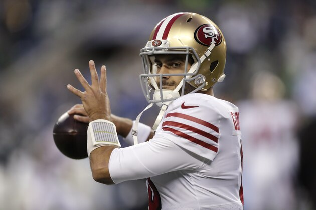 San Francisco 49ers quarterback Jimmy Garoppolo warms up before an NFL football game against the Seattle Seahawks, Sunday, Dec. 29, 2019, in Seattle. (AP Photo/Stephen Brashear)