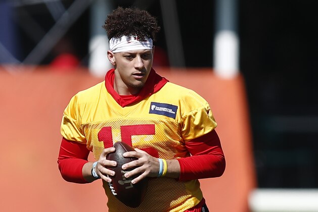 Kansas City Chiefs quarterback Patrick Mahomes (15) runs drills during practice on Wednesday, Jan. 29, 2020, in Davie, Fla., for the NFL Super Bowl 54 football game. (AP Photo/Brynn Anderson)