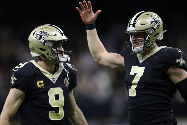 NEW ORLEANS, LOUISIANA - OCTOBER 27: Drew Brees #9 of the New Orleans Saints and Taysom Hill #7 of the New Orleans Saints celebrate a touchdown against the Arizona Cardinals at Mercedes Benz Superdome on October 27, 2019 in New Orleans, Louisiana. (Photo by Chris Graythen/Getty Images) NEW ORLEANS, LOUISIANA - OCTOBER 27: Drew Brees #9 of the New Orleans Saints and Taysom Hill #7 of the New Orleans Saints celebrate a touchdown against the Arizona Cardinals at Mercedes Benz Superdome on October 27, 2019 in New Orleans, Louisiana. (Photo by Chris Graythen/Getty Images)