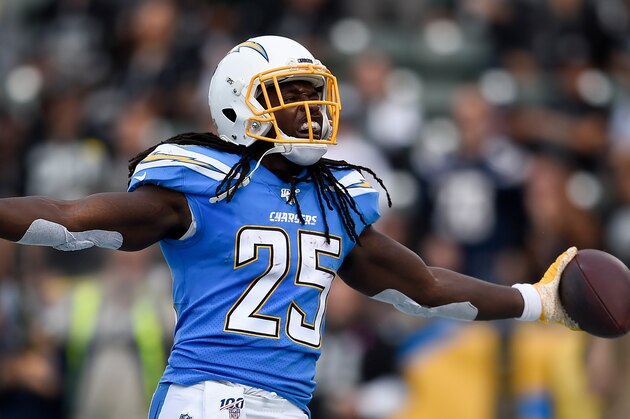 Los Angeles Chargers running back Melvin Gordon celebrates after scoring during the first half of an NFL football game against the Oakland Raiders Sunday, Dec. 22, 2019, in Carson, Calif. (AP Photo/Kelvin Kuo)