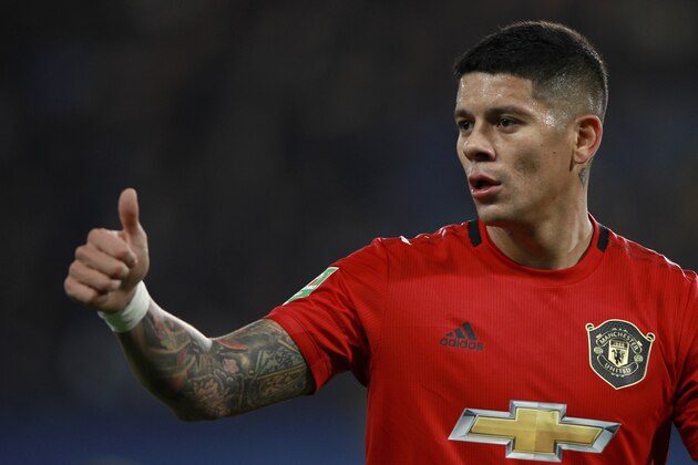 Manchester United's Marcos Rojo gestures during the English League Cup soccer match between Chelsea and Manchester United at Stamford Bridge in London, Wednesday, Oct. 30, 2019. (AP Photo/Ian Walton)