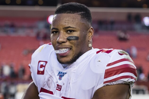 LANDOVER, MD - DECEMBER 22: Saquon Barkley #26 of the New York Giants looks on after the game against the Washington Redskins at FedExField on December 22, 2019 in Landover, Maryland. (Photo by Scott Taetsch/Getty Images)