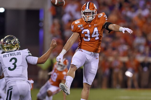 Clemson's Logan Rudolph (34) blocks the pass attempt by Charlotte's Chris Reynolds during the first half of an NCAA college football game Saturday, Sept. 21, 2019, in Clemson, S.C. (AP Photo/Richard Shiro)
