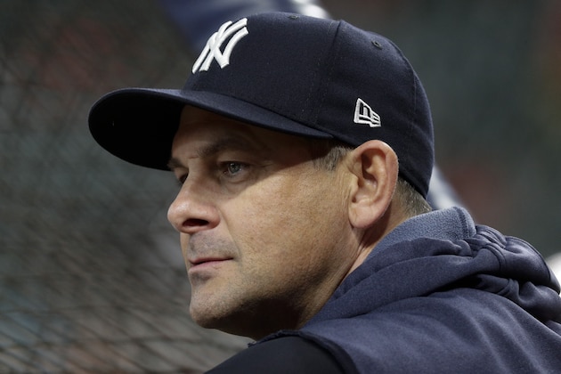 New York Yankees manager Aaron Boone watches batting practice before Game 6 of baseball's American League Championship Series against the Houston Astros Saturday, Oct. 19, 2019, in Houston. (AP Photo/Eric Gay)