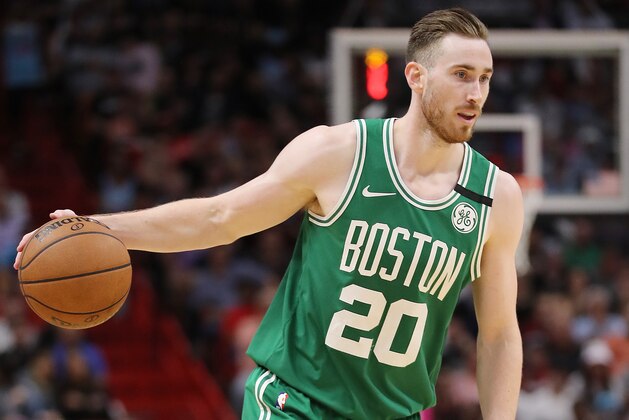 MIAMI, FLORIDA - JANUARY 28:  Gordon Hayward #20 of the Boston Celtics dribbles with the ball against the Miami Heat during the second half at American Airlines Arena on January 28, 2020 in Miami, Florida. NOTE TO USER: User expressly acknowledges and agrees that, by downloading and/or using this photograph, user is consenting to the terms and conditions of the Getty Images License Agreement.  (Photo by Michael Reaves/Getty Images)