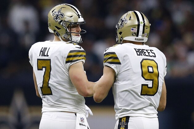 NEW ORLEANS, LA - NOVEMBER 18: Drew Brees #9 of the New Orleans Saints and Taysom Hill #7 react during a game against the Philadelphia Eagles at the Mercedes-Benz Superdome on November 18, 2018 in New Orleans, Louisiana. (Photo by Jonathan Bachman/Getty Images) NEW ORLEANS, LA - NOVEMBER 18: Drew Brees #9 of the New Orleans Saints and Taysom Hill #7 react during a game against the Philadelphia Eagles at the Mercedes-Benz Superdome on November 18, 2018 in New Orleans, Louisiana. (Photo by Jonathan Bachman/Getty Images)