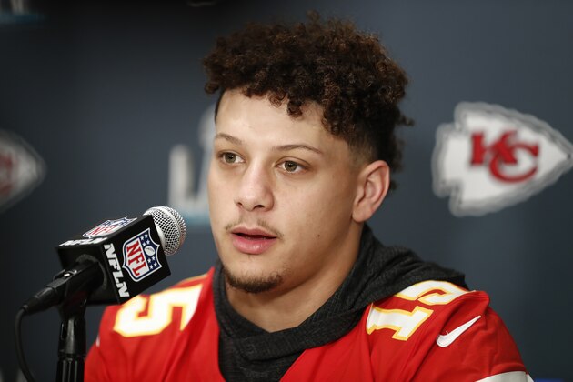 Kansas City Chiefs quarterback Patrick Mahomes (15) speaks during a news conference on Thursday, Jan. 30, 2020, in Aventura, Fla., for the NFL Super Bowl 54 football game. (AP Photo/Brynn Anderson) Kansas City Chiefs quarterback Patrick Mahomes (15) speaks during a news conference on Thursday, Jan. 30, 2020, in Aventura, Fla., for the NFL Super Bowl 54 football game. (AP Photo/Brynn Anderson)