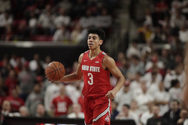 Ohio State guard D.J. Carton dribbles up court against Maryland during the first half of an NCAA college basketball game, Tuesday, Jan. 7, 2020, in College Park, Md. (AP Photo/Julio Cortez)