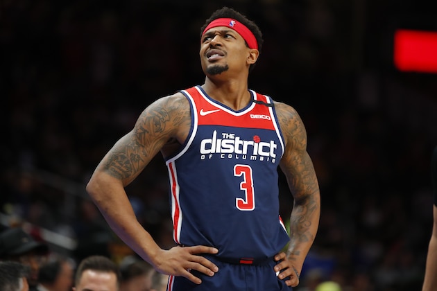 Washington Wizards guard Bradley Beal (3) reacts during the second half of an NBA basketball game against the Atlanta Hawks on Sunday, Jan. 26, 2020, in Atlanta. (AP Photo/Todd Kirkland)