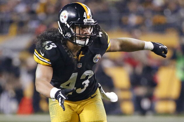 Pittsburgh Steelers strong safety Troy Polamalu (43) plays during the during the second half of a 30-17 loss to the Baltimore Ravens in an NFL wildcard playoff football game, Saturday, Jan. 3, 2015, in Pittsburgh. (AP Photo/Gene J. Puskar)