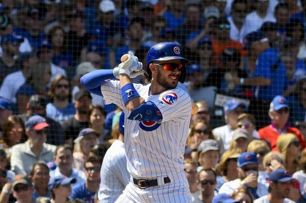 Chicago Cubs Kris Bryant (17) bats during a baseball game against the San Francisco Giants Thursday, Aug. 22, 2019, in Chicago. (AP Photo/Matt Marton)