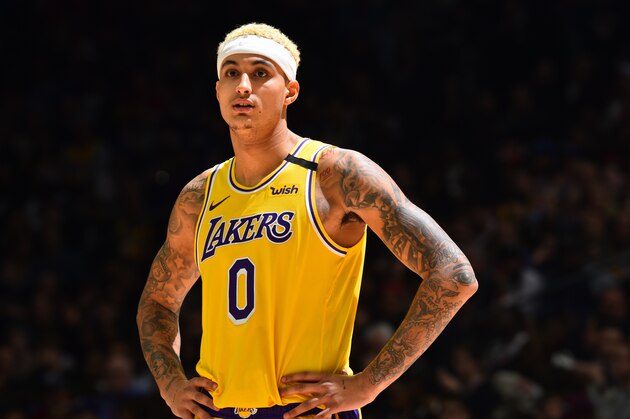 PHILADELPHIA, PA - JANUARY 25: Kyle Kuzma #0 of the Los Angeles Lakers looks on during the game against the Philadelphia 76ers on January 25, 2020 at the Wells Fargo Center in Philadelphia, Pennsylvania NOTE TO USER: User expressly acknowledges and agrees that, by downloading and/or using this Photograph, user is consenting to the terms and conditions of the Getty Images License Agreement. Mandatory Copyright Notice: Copyright 2020 NBAE (Photo by Jesse D. Garrabrant/NBAE via Getty Images)
