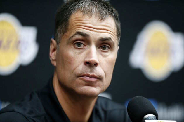 EL SEGUNDO, CA - SEPTEMBER 27: General Manager Rob Pelinka of the Los Angeles Lakers speaks to the media during media day on September 27, 2019 at the UCLA Health Training Center in El Segundo, California. NOTE TO USER: User expressly acknowledges and agrees that, by downloading and/or using this photograph, user is consenting to the terms and conditions of the Getty Images License Agreement. Mandatory Copyright Notice: Copyright 2019 NBAE (Photo by Chris Elise/NBAE via Getty Images)