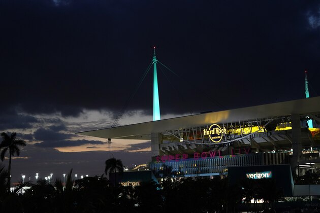 Hard Rock Stadium is shown Thursday, Jan. 30, 2020, in Miami Gardens, Fla., in preparation for the NFL Super Bowl 54 football game. (AP Photo/David J. Phillip)