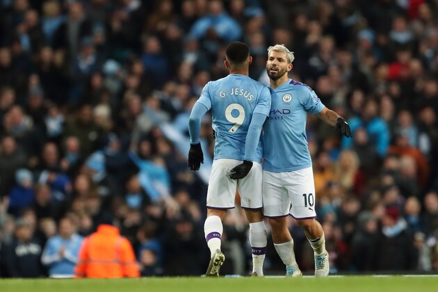 MANCHESTER, ENGLAND - JANUARY 18: Sergio Aguero of Manchester City celebrates after scoring a goal to make it 1-1 with Gabriel Jesus during the Premier League match between Manchester City and Crystal Palace at Etihad Stadium on January 18, 2020 in Manchester, United Kingdom. (Photo by James Williamson - AMA/Getty Images)