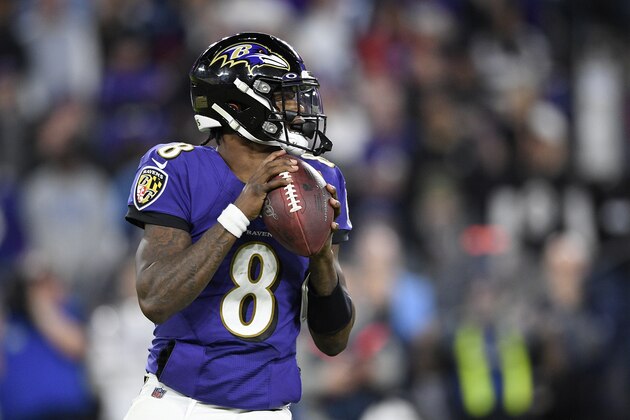 Baltimore Ravens quarterback Lamar Jackson (8) looks to pass during the second half of an NFL divisional playoff football game against the Tennessee Titans, Saturday, Jan. 11, 2020, in Baltimore. (AP Photo/Nick Wass)